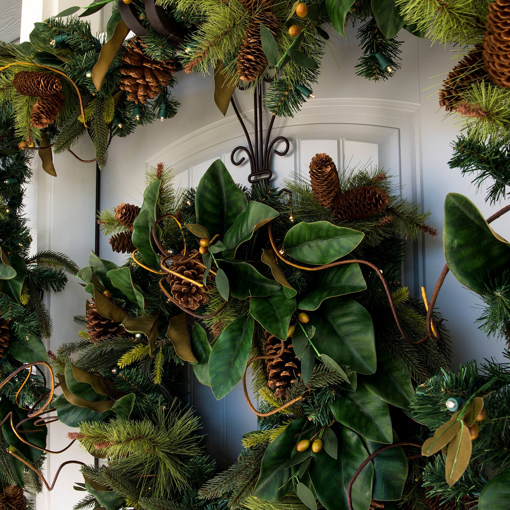 Village Lighting 30" Pre-Lit Magnolia Leaf Christmas Wreath, Clear LED Lights